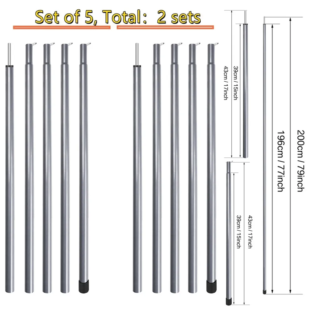 2 m/1,86 m Set mit 2 Teleskop-Zeltstangen, verstellbare Stahlstangen für Sonnenschutz, Plane, Überdachung, Camping, Wandern, Wandern, leicht – Detail 7