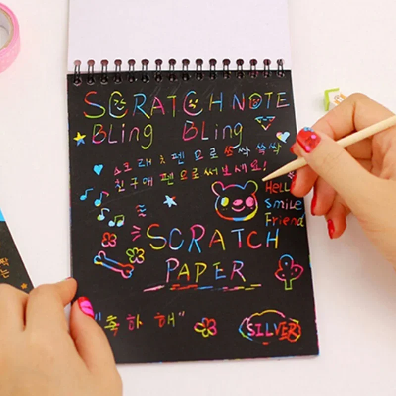 1pcs Notebook 10*14cm Magic Color Rainbow Scratch Paper Note book Black DIY Drawing Toys Scraping Painting Kid Doodle Office