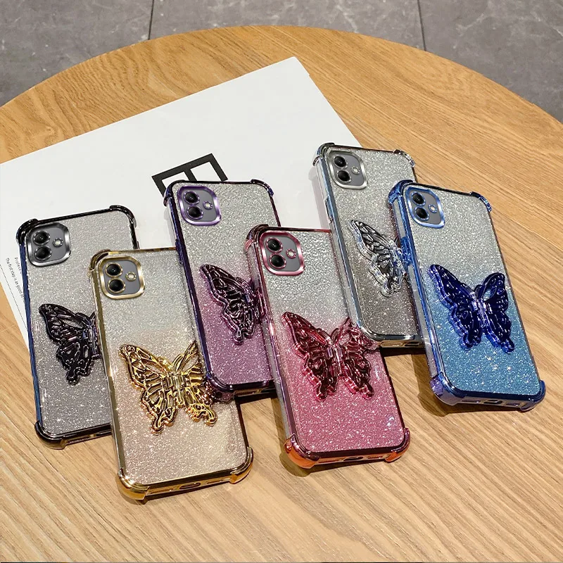 For Samsung Galaxy A06 Phone Case Gold Sparkling Sticker Butterfly Holder Anti Drop Protection Cover For Samsung A06 Coque A 06