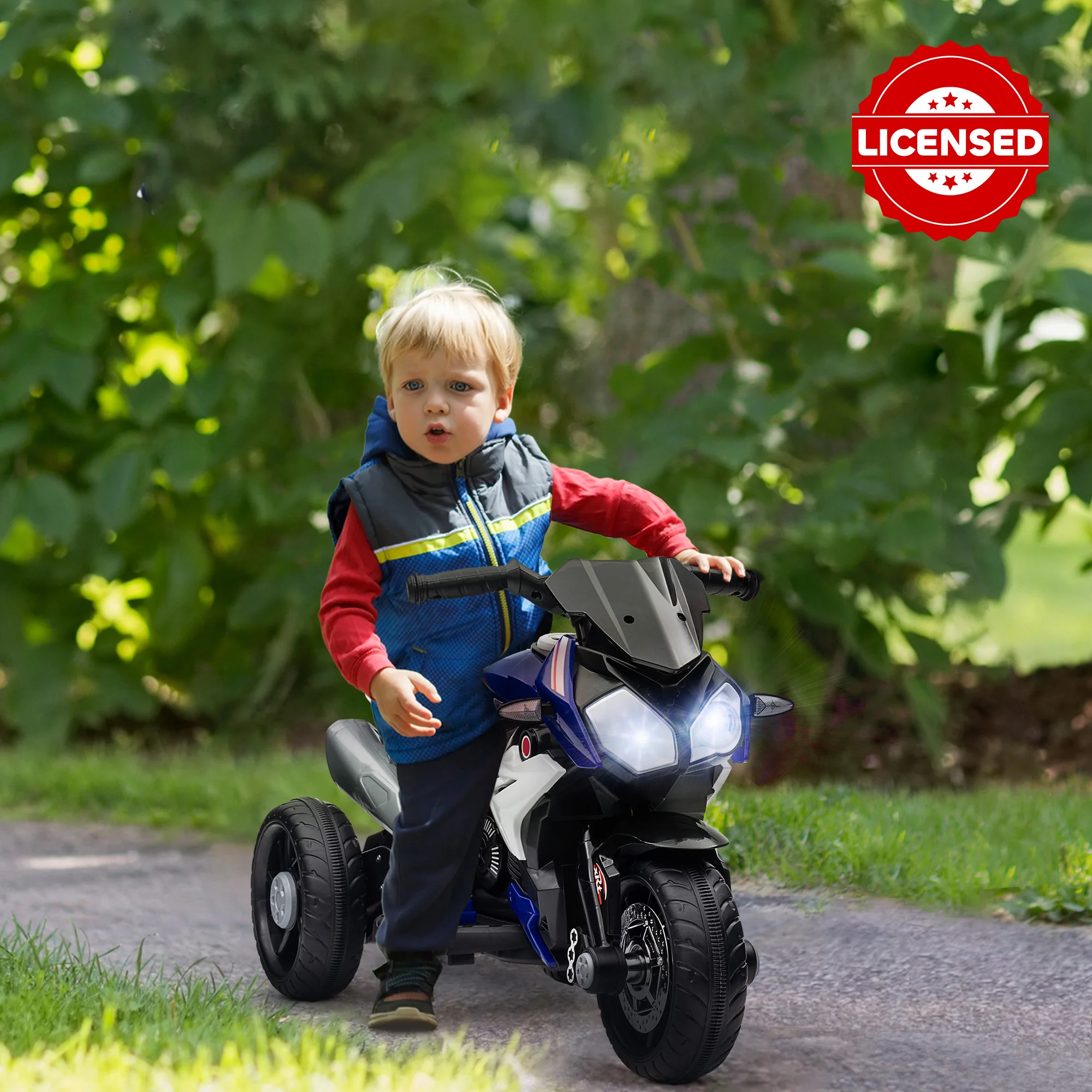 Homcom Azul Con Licencia Moto Eléctrica Infantil +3 Años Con Música Bocina Faros 86X42x52 Cm