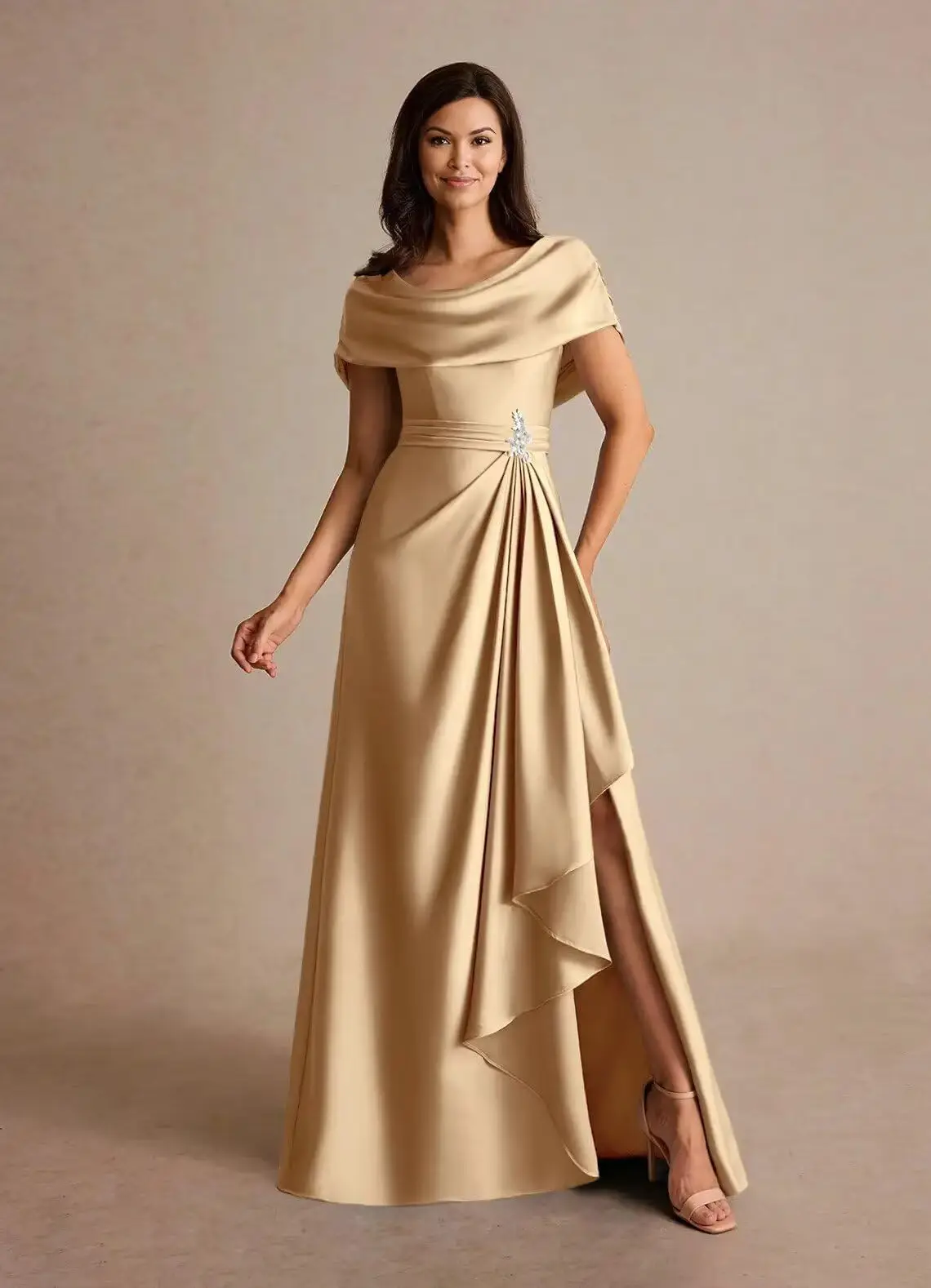 

Satin Mother of The Bride Dresses with Cape Sleeves Beaded Formal Dress for Women Wedding Guest