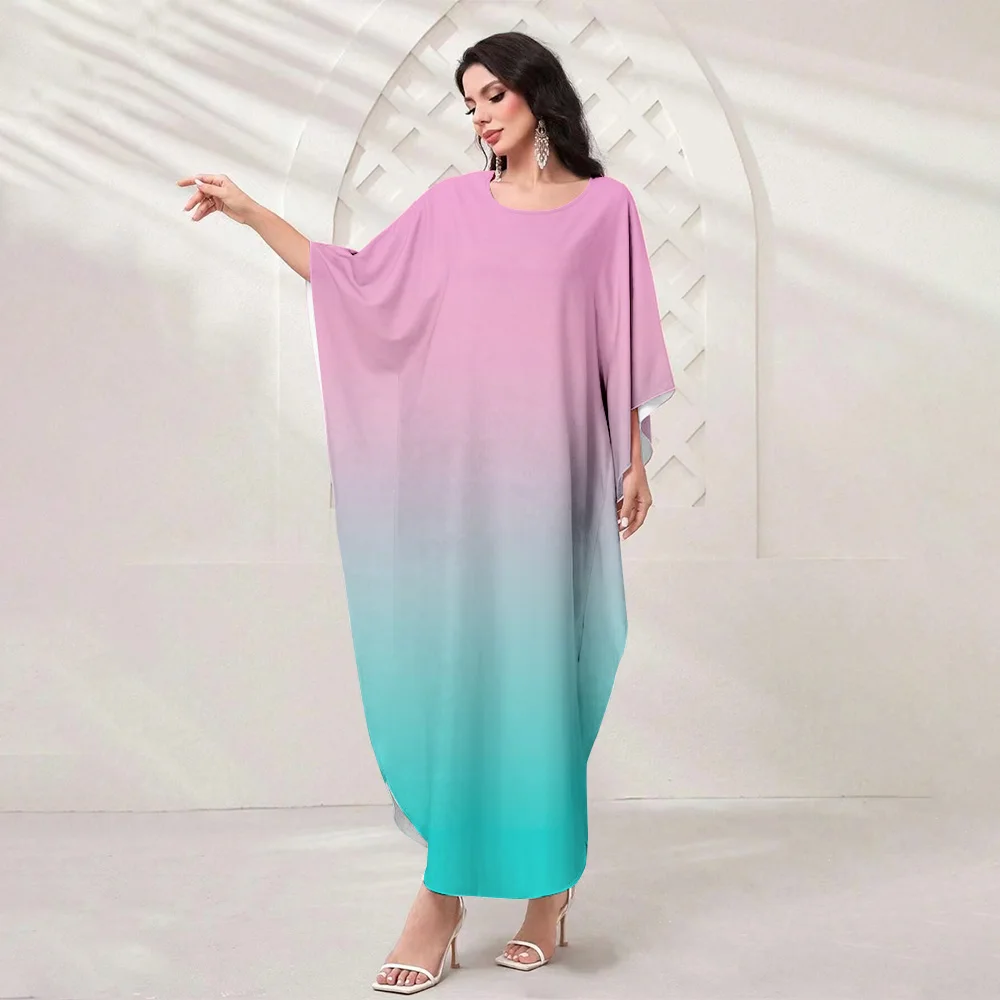 2024 New Loose Women's Muslim Long Gradient Printed Batwing Sleeve Robe O Neck Islamic Robe Dress Turkish Long Women's Shirt