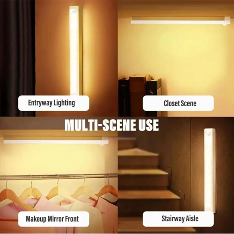 Motion Sensor Wireless LED Night Light USB Rechargeable Long Strip Bar Lamp for Kitchen Cabinet Wardrobe Bedside Staircase Tube