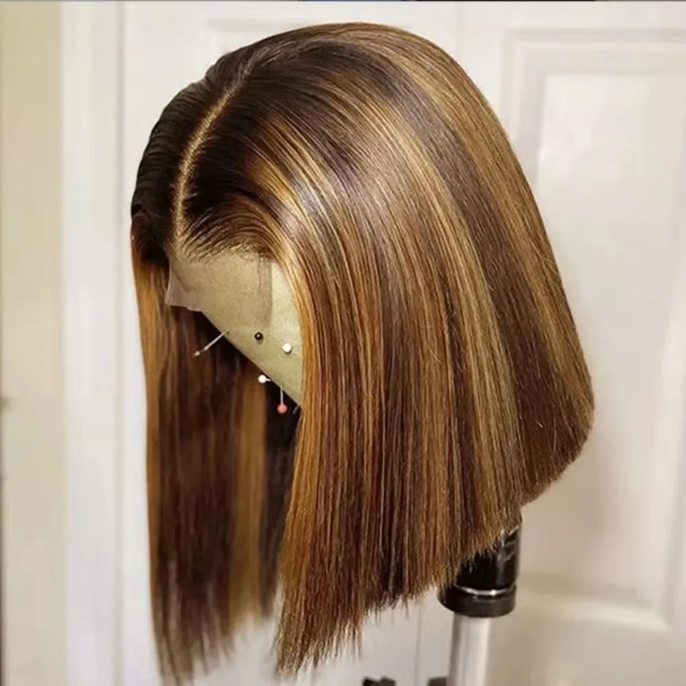 Perruques Courtes Bob Droites Ombrées avec Fermeture en Dentelle 4x4, 100% Cheveux Humains Vietnamiens, Densité 200 # Perruque Lace Front 13x4 couleur 4/27