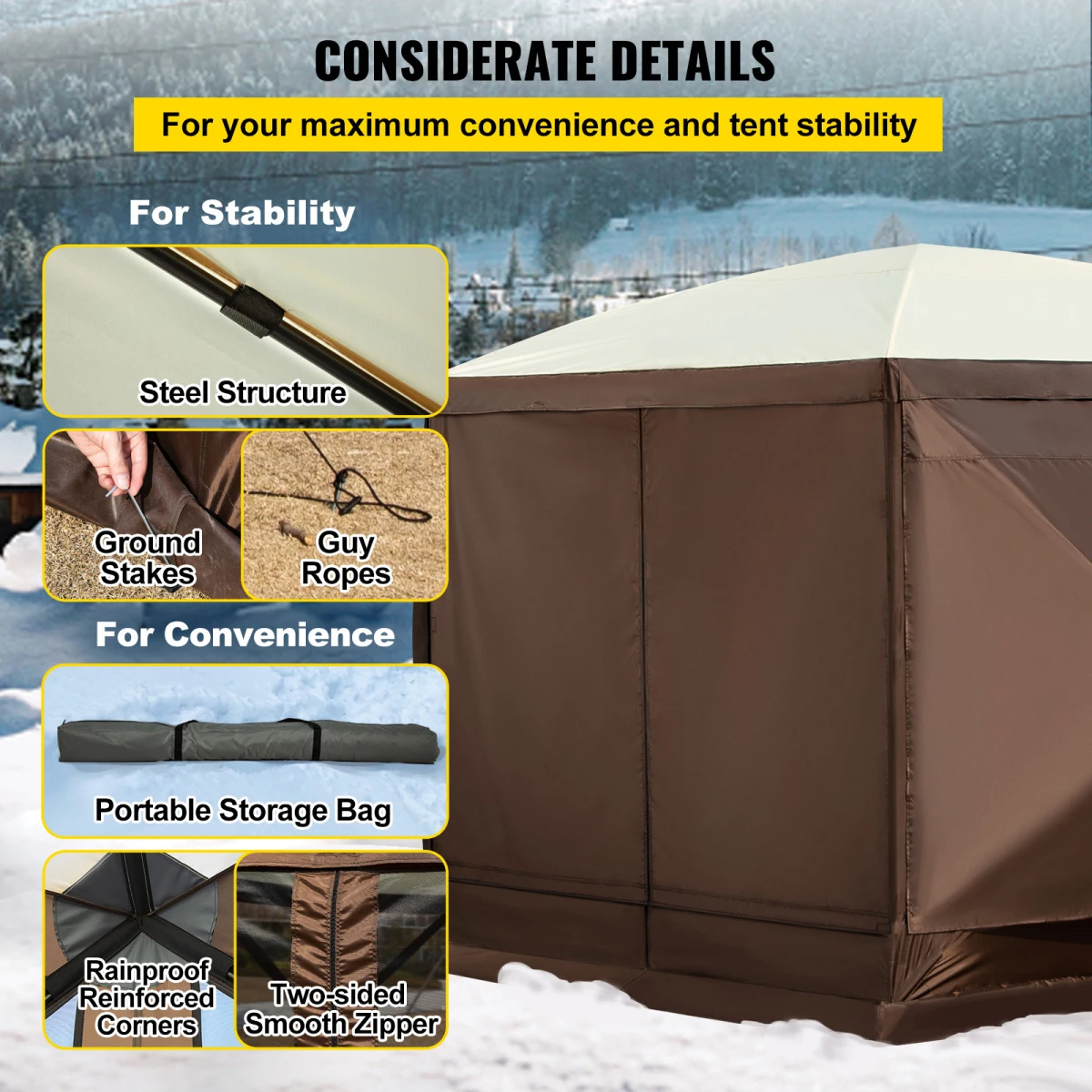 Camping Gazebo Screen Tent, 12*12ft, 6 Sided Pop-up Canopy Shelter Tent with Mesh Windows, Portable Carry Bag, Stakes, Large Shade Tents for Outdoor Camping, Lawn and Backyard, Brown/Beige On-Site