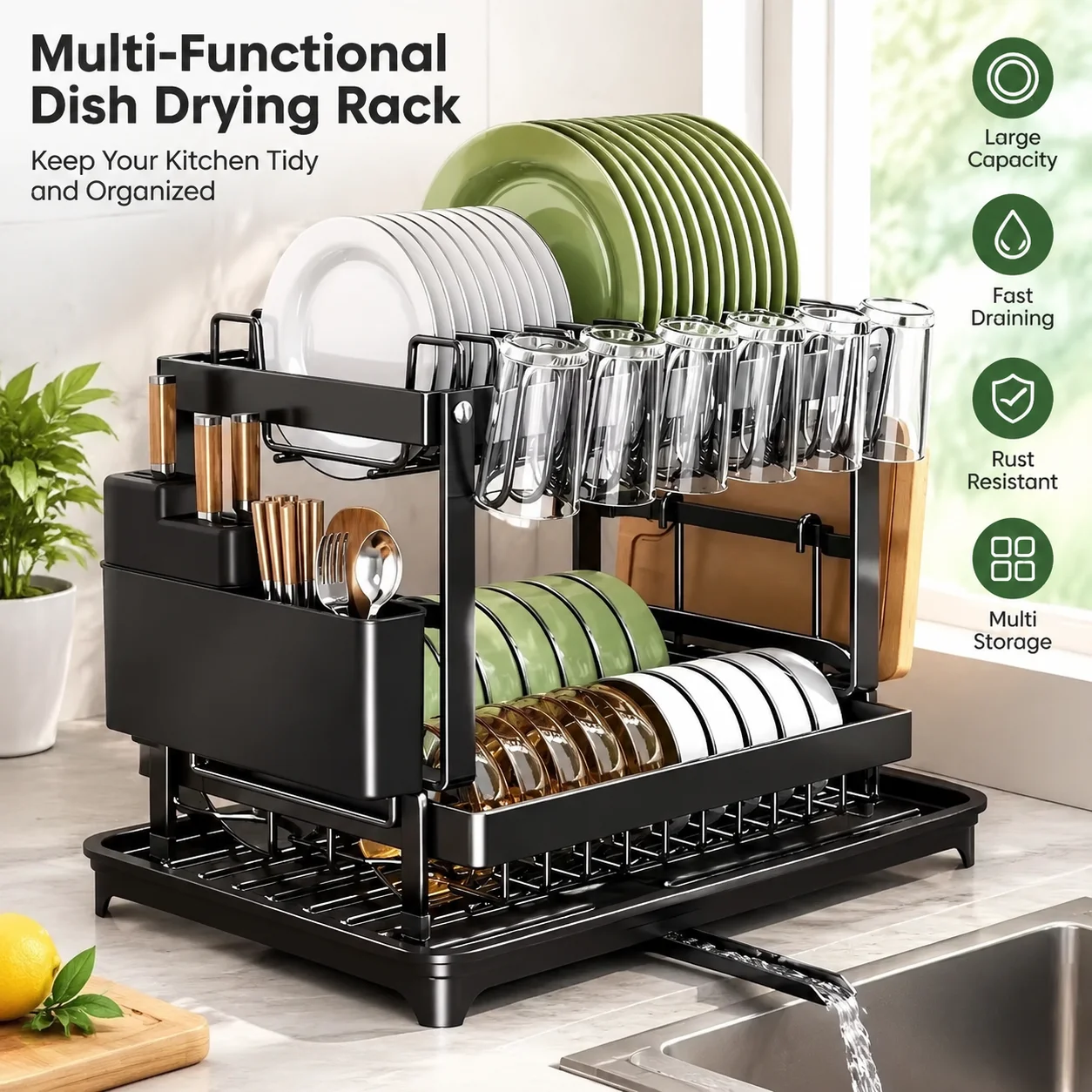 Dish Drying Rack 2 Tier Dish Drainer with Drainboard, Utensil Cup Holder, 360 Rotatable Spout, Rustproof Kitchen Organizer Black