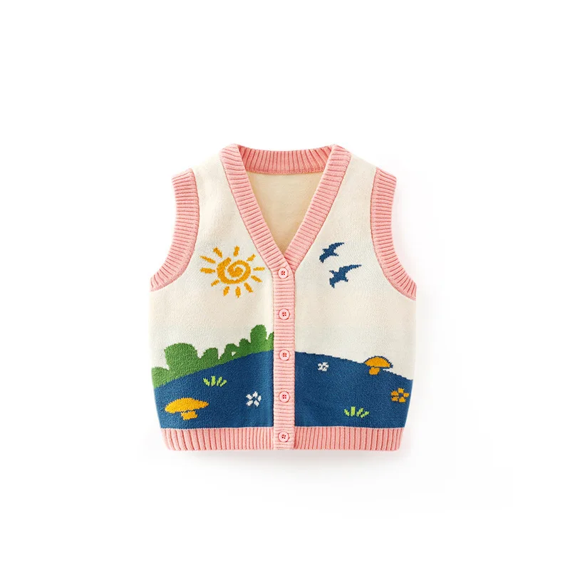 Spring Autumn Toddler Girls Waistwear Painting Jacquard Pastoral Style Children Girls Knitwear Cotton Knitted Baby Girls Vest