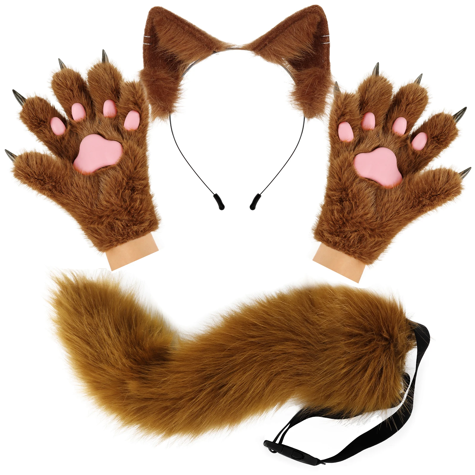 Flauschige Katzenohren, Katze, langer Schwanz, plus süße Katzenpfoten, Handschuhe, Set, Cosplay, Kostümzubehör, Halloween, Karneval, Party, Anzieh – Detail 3