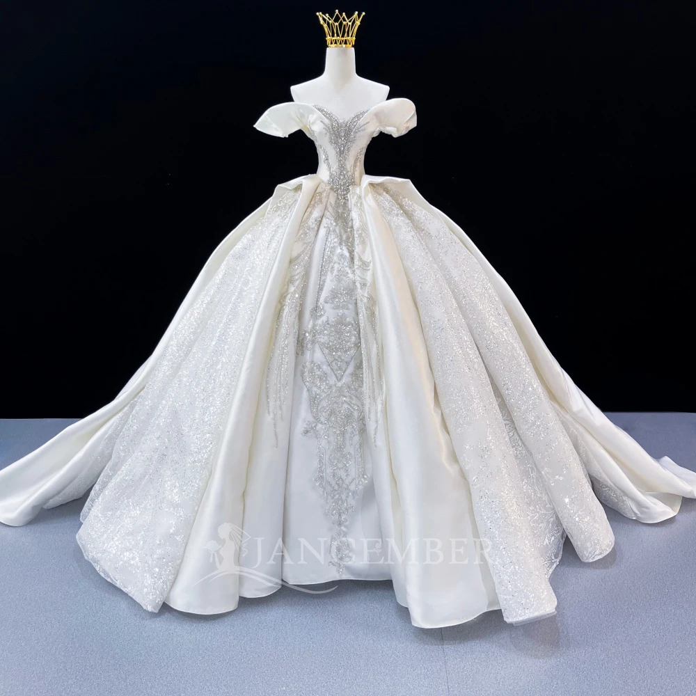 Customized Shiny Wedding Dresses Sheer Neck Short Sleeves Court Train Pearls Bridal Made Sequins Long Train Vestido De Noiva
