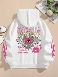 Street Women Sweatshirts Passionate Love Flame Heart Printed Hoodies Crewneck Loose Pullover Fleece Warm Female Tops Clothes