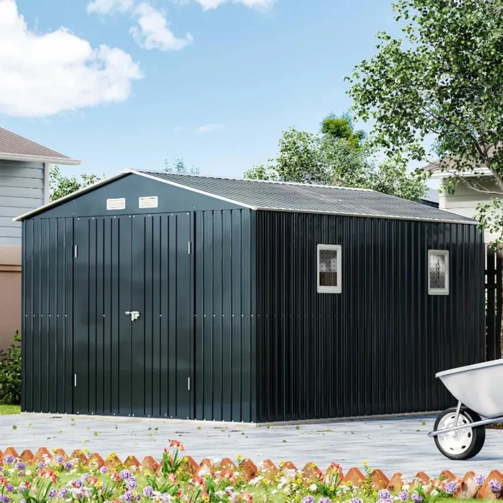 سقيفة تخزين فولاذية خارجية مقاس 10 × 12 × 7.5 قدم مع أبواب قابلة للقفل، ونفذين، وألواح سقف شفافة (ألواح خشبية وأرضية إطارية ليس I #4