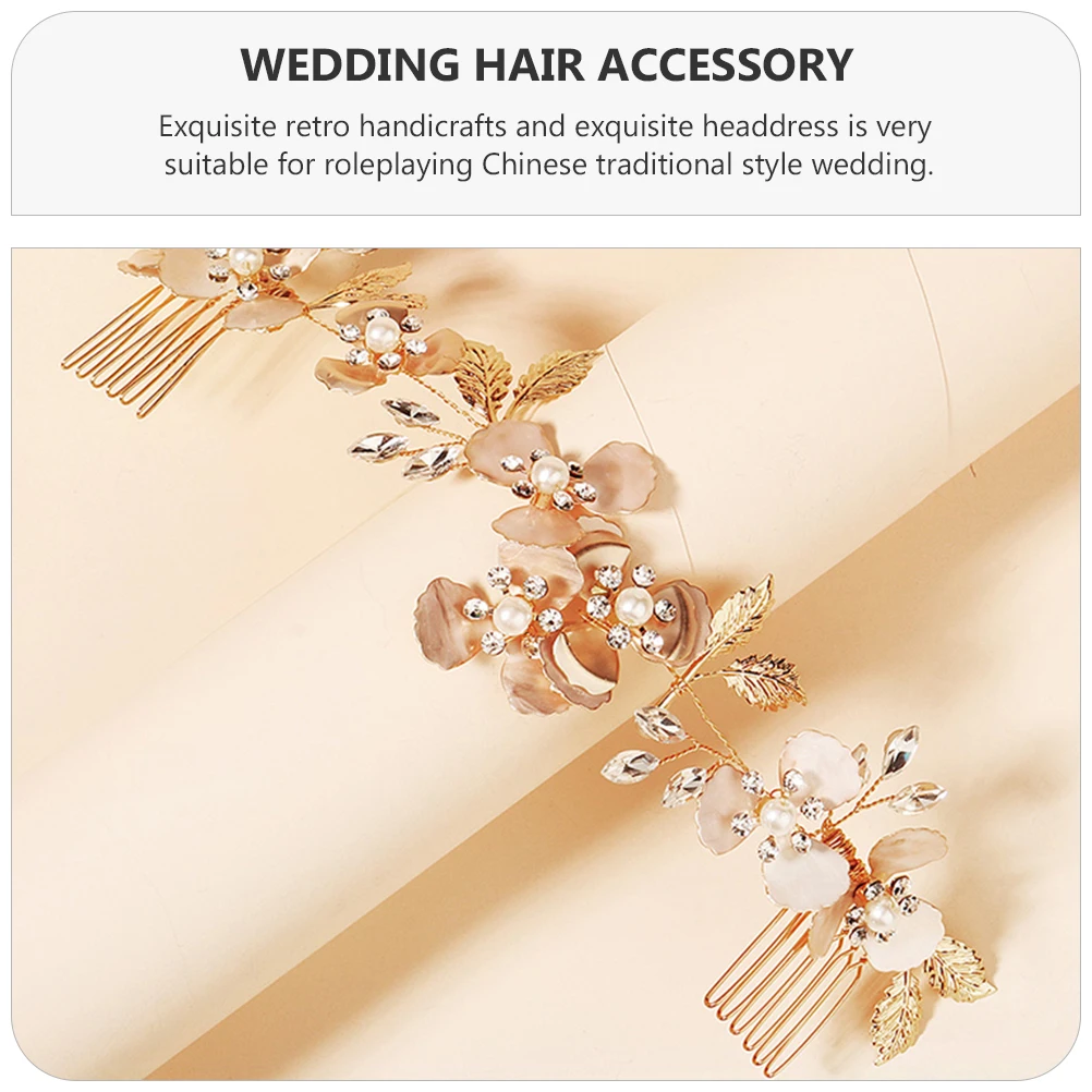

Rhinestone Pearl Headdress Golden Copper Hair Comb Floral Headband Wedding Bridal Accessory Women Retro Prom