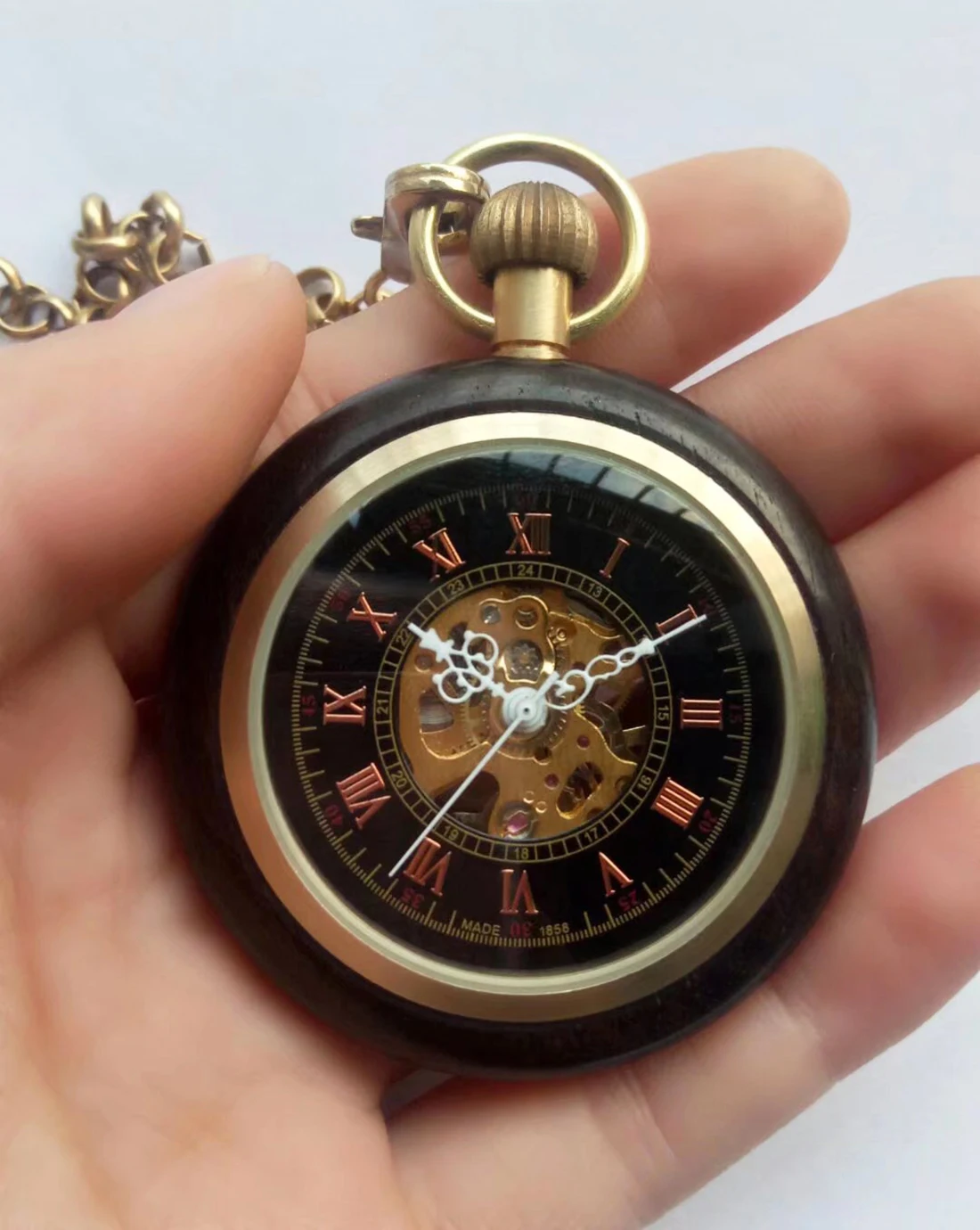 

5 Pieces Luxury Vintage Wooden Mechanical Pocket Watch for Men Male Solid Wood Case Roman Numerals Dial Man Fob Chain Man Clock