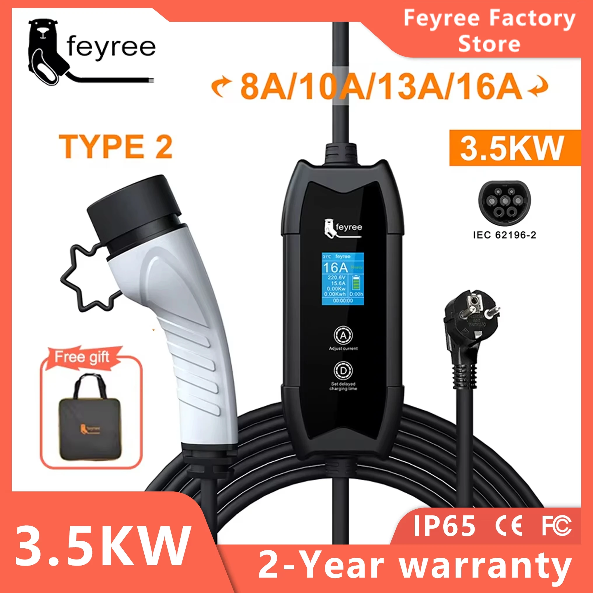 feyree EV Portable Charger Type2 / GB/T Plug Connector 16A 1Phase 3.5KW Type1 3.5m Wallbox Charging Station for Electric Vehicle