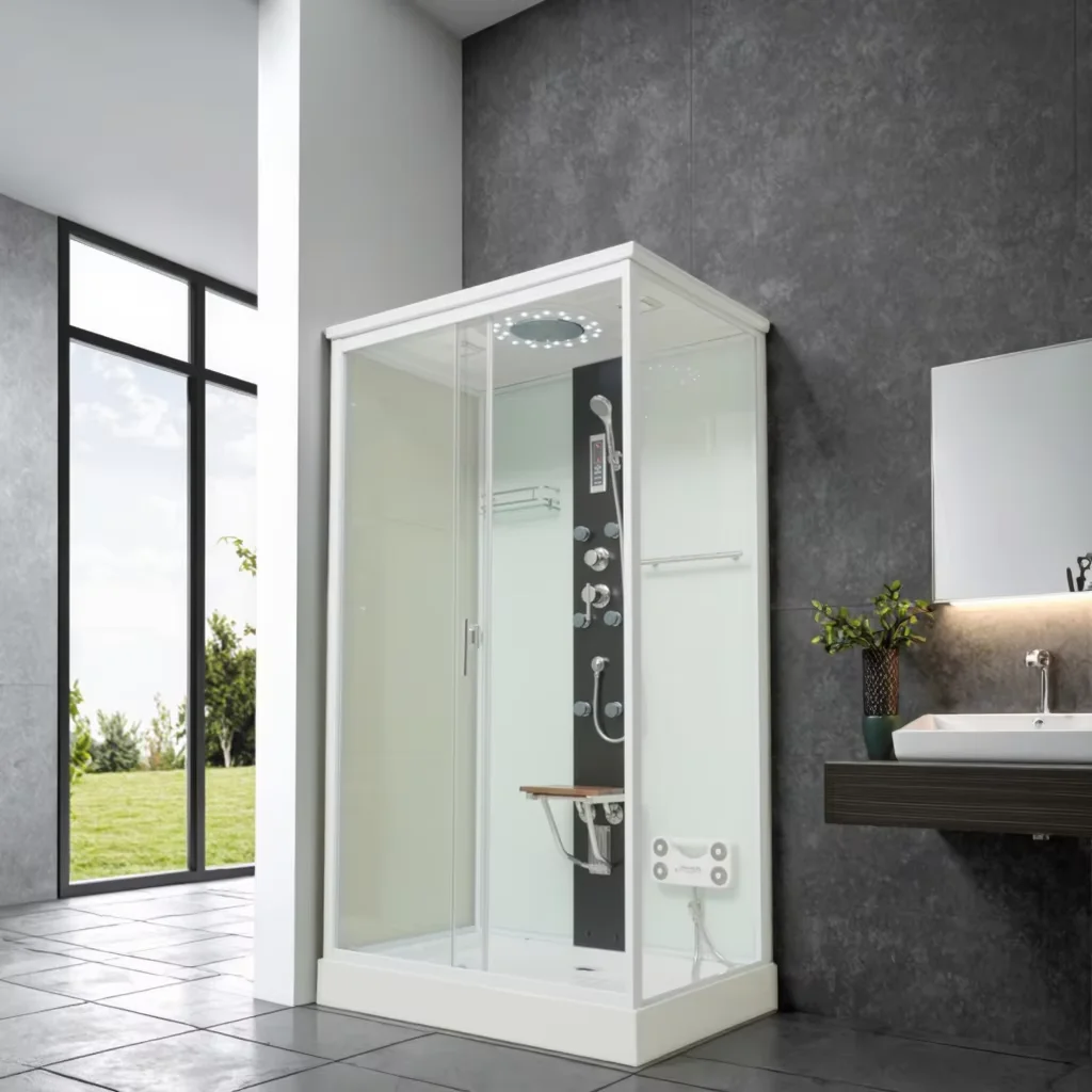 

Паровая баня, белая душевая кабина для массажа в помещении