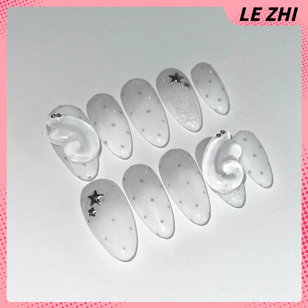 Y2K Retro Wings Stars Glitter Press On Nails Art Almond Diamond Polka Dot White Simple Steel Ball Diy Handmade Reuse Nail Art