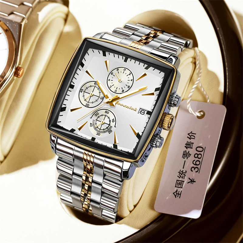 2025 Nuovi Uomini di Modo Della Vigilanza Luminoso Cronografo Impermeabile Data Orologio Da Polso Da Uomo Quadrato In Acciaio Inox Orologi Da Uomo Al Quarzo Reloj