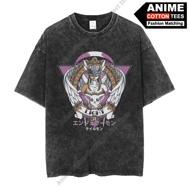 Digimon Adventure Tailmon Evolution Angewomon T-shirt Cotton Washed Retro Oversized T Shirt y2k Harajuku Casual Unisex Loose Tee