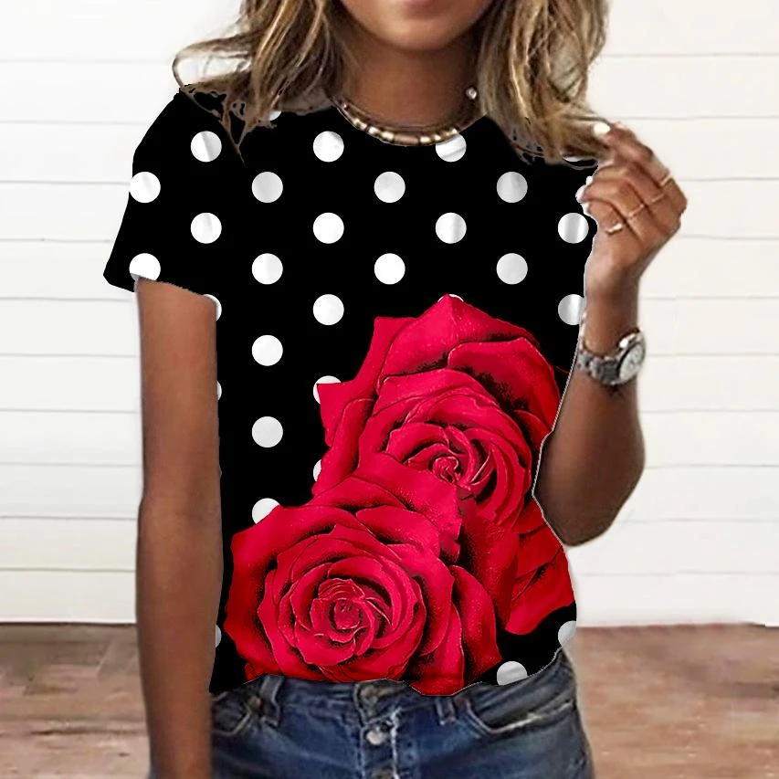 Camiseta con estampado Floral 3d para mujer, Tops de talla grande, ropa para todos los días, camiseta de manga corta para mujer