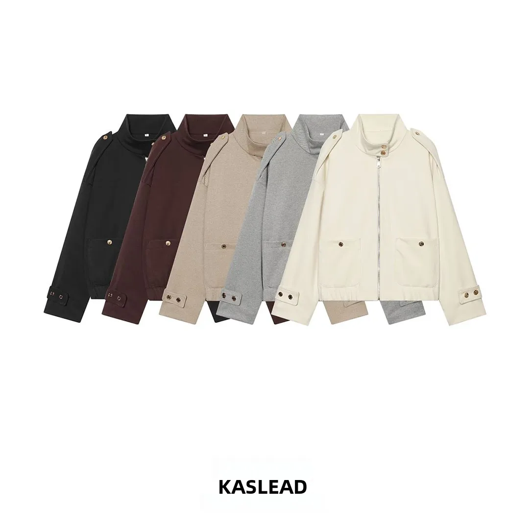KASLEAD New Women's High-End Feel Stand Collar Mixed Jacket Coat Polyester Fiber Long Sleeve Zipper Autumn Fashion Outerwear
