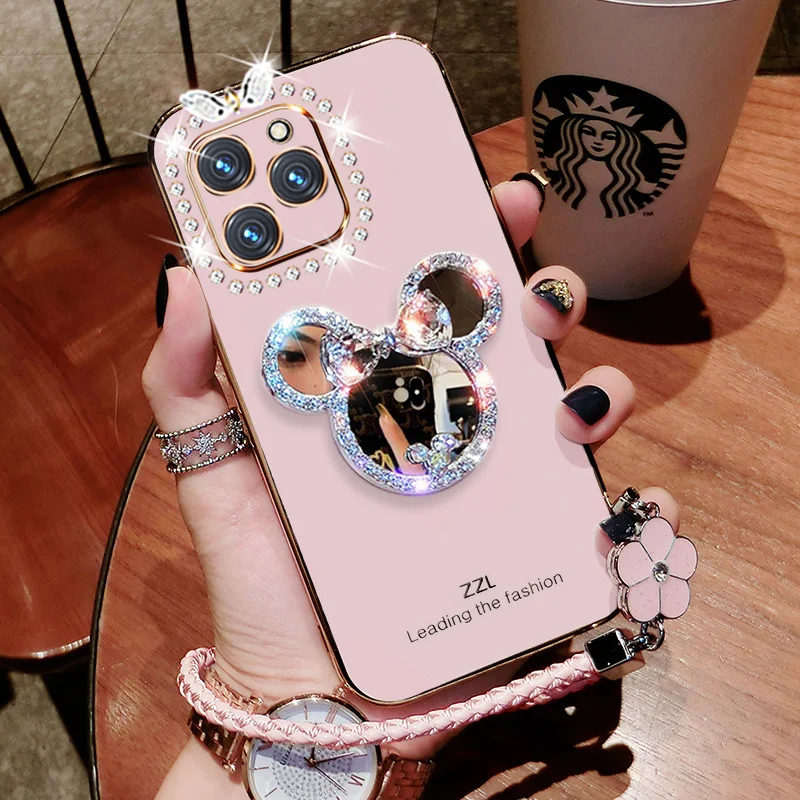 Luxury Glitter Diamond Cartoon Vanity Mirror Phone Case For iPhone 16 15 14 13 12 11 Pro Max X Xs XR 7 8Plus Plating Bling Cover