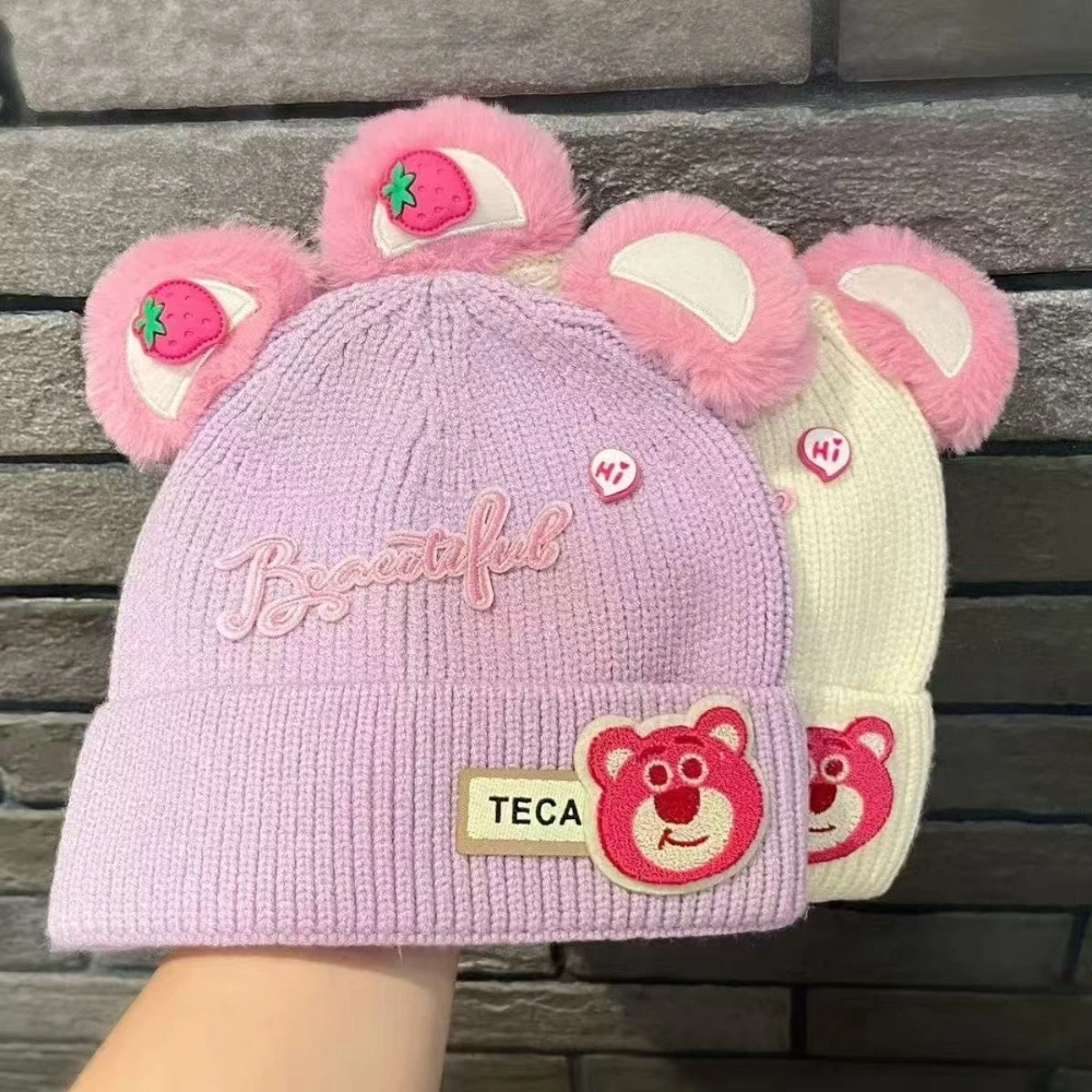 MINISO Disney Ear Baby Hat Fragola Orso Decorazione Bambini Ragazze Cappello lavorato a maglia Bambini Morbido caldo Copricapo Regalo di Natale