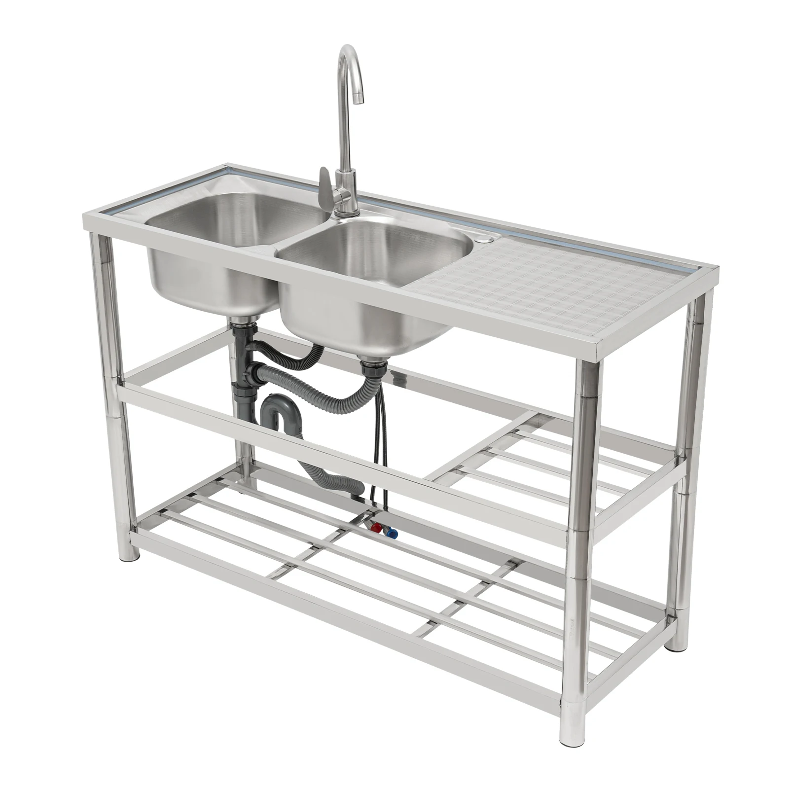 201 Stainless Steel Kitchen Double Sink with Cold and Hot Water Faucet and 2 Layers Storage Organizer Rack 120*45*80cm