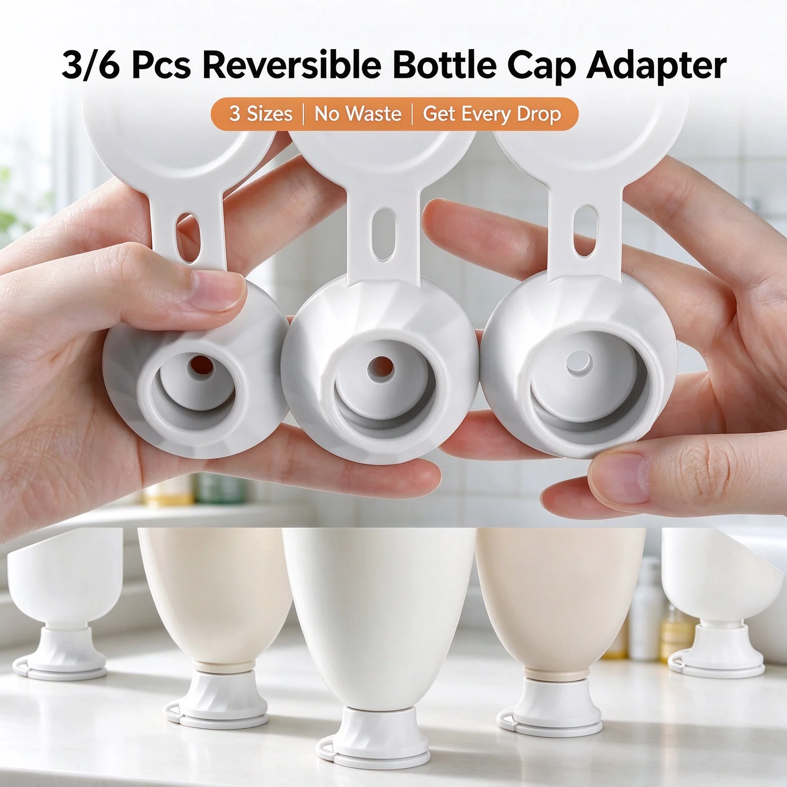 3/6Pcs Bottle Emptying Cap Adapter 3 Sizes Reversible Flip Inverted Cap No Waste Get Every Drop for Sauce Lotion Squeeze Bottles