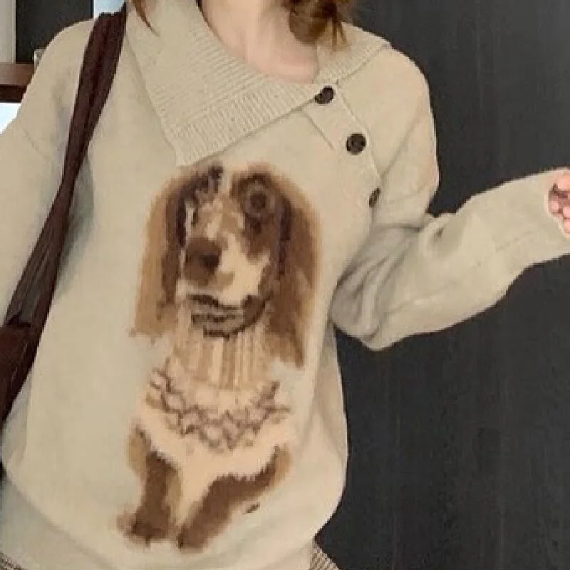 

Женский свитер с милым узором щенка, вязаные пуловеры с нерегулярным воротником и пуговицами, новинка 2025, осень-зима, повседневные мягкие женские свитера