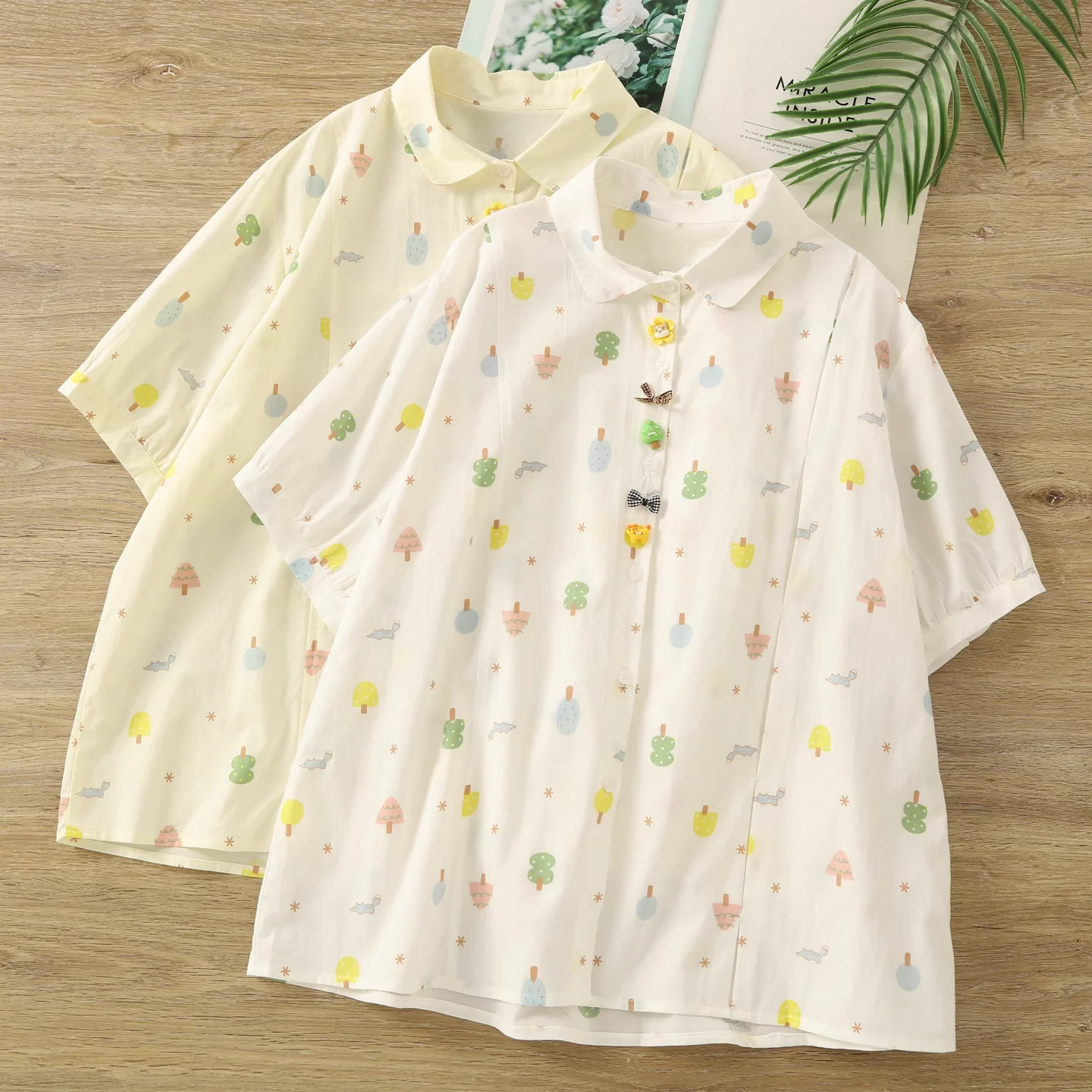 

2025 Women's sumer clothes mori girl cartoon tree print shirts and blouses for women cute sweet cotton short sleeve tops