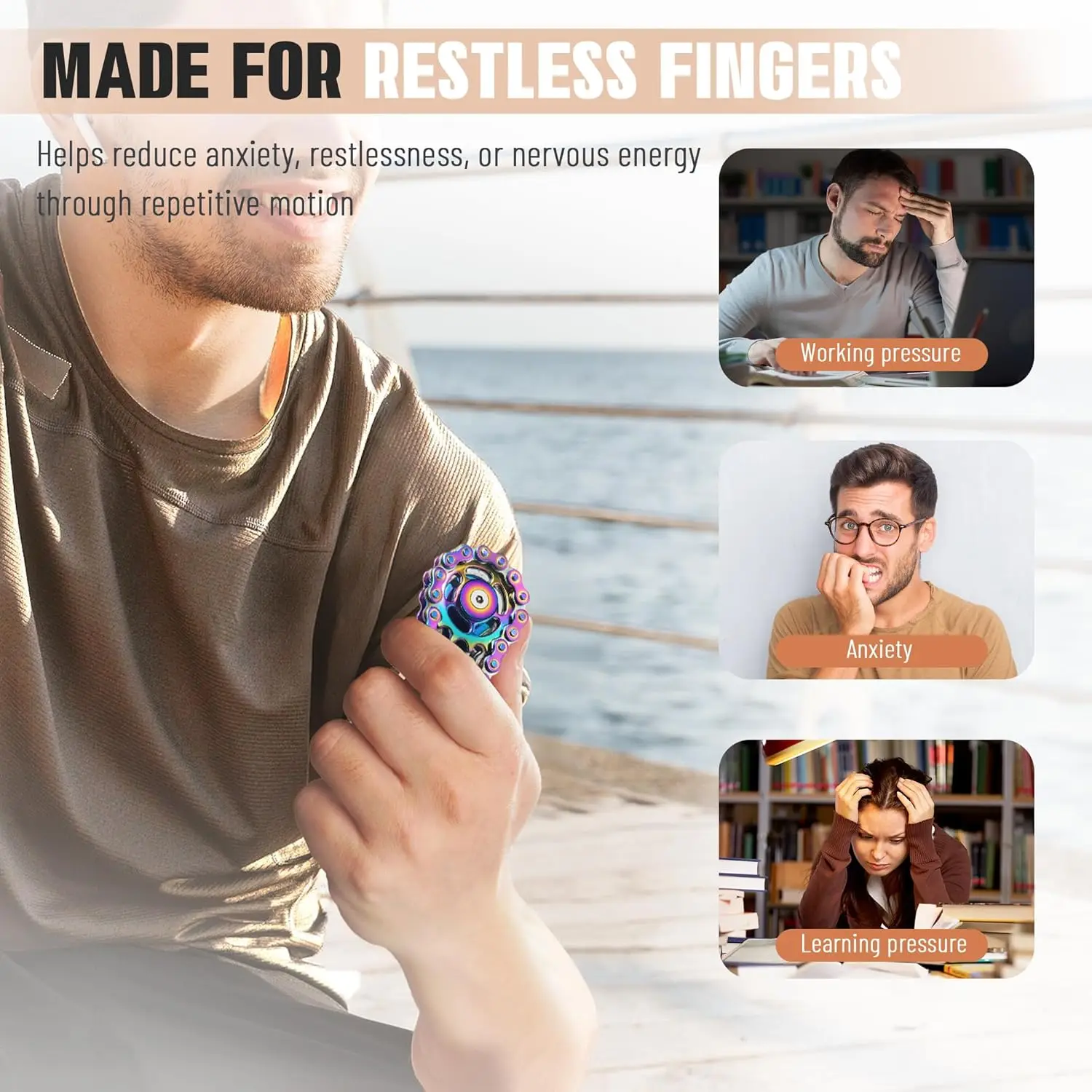 سلسلة دراجات إصبع سبينر، لعبة تململ من الفولاذ المقاوم للصدأ بتصميم صامت باستخدام الحاسب الآلي للبالغين، أداة تخفيف التوتر والمكتب والتركيز، #5