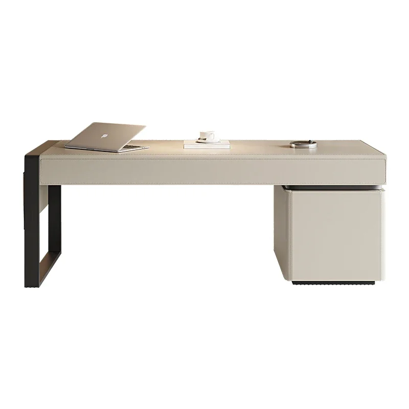 Light luxury modern beige black saddle leather desk, home study high-end solid wood desk computer table