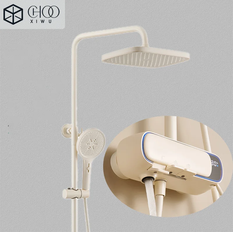 

Milky white Smart Digital Display Shower Faucet Set Piano Style Rainlfall Bathroom System Grey Digital Mixer Tap Bidet Shower