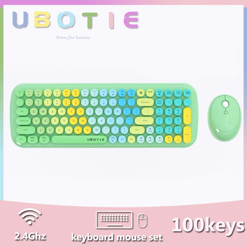 

UBOTIE Green Wireless Keyboard and Mouse Combo Cute Aesthetic Keyboard with Number Pad Mini Full Size Typewriter Candy Color