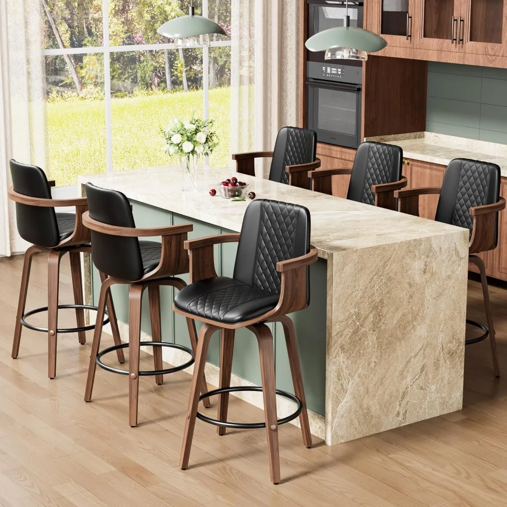 

26" Bentwood Barstools with Wooden Arms, Bar Stools Set of 6, Mid Century Modern Counter Height Swivel Bar Chairs PU Leather