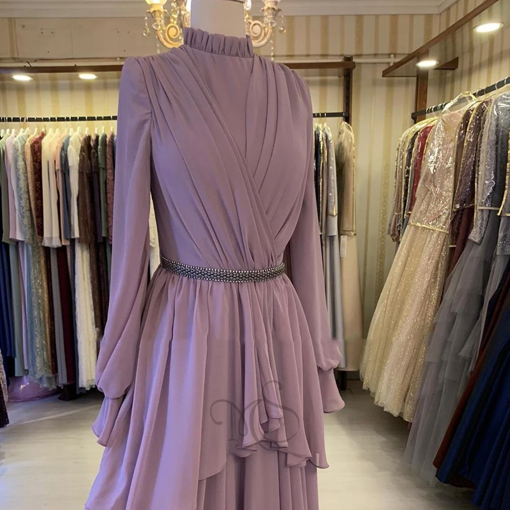 Muslim Purple Evening Dress For Women High Collar Full Sleeves Prom Gowns Chiffon A-Line Floor Length فساتين مناسبة حسب الطلب