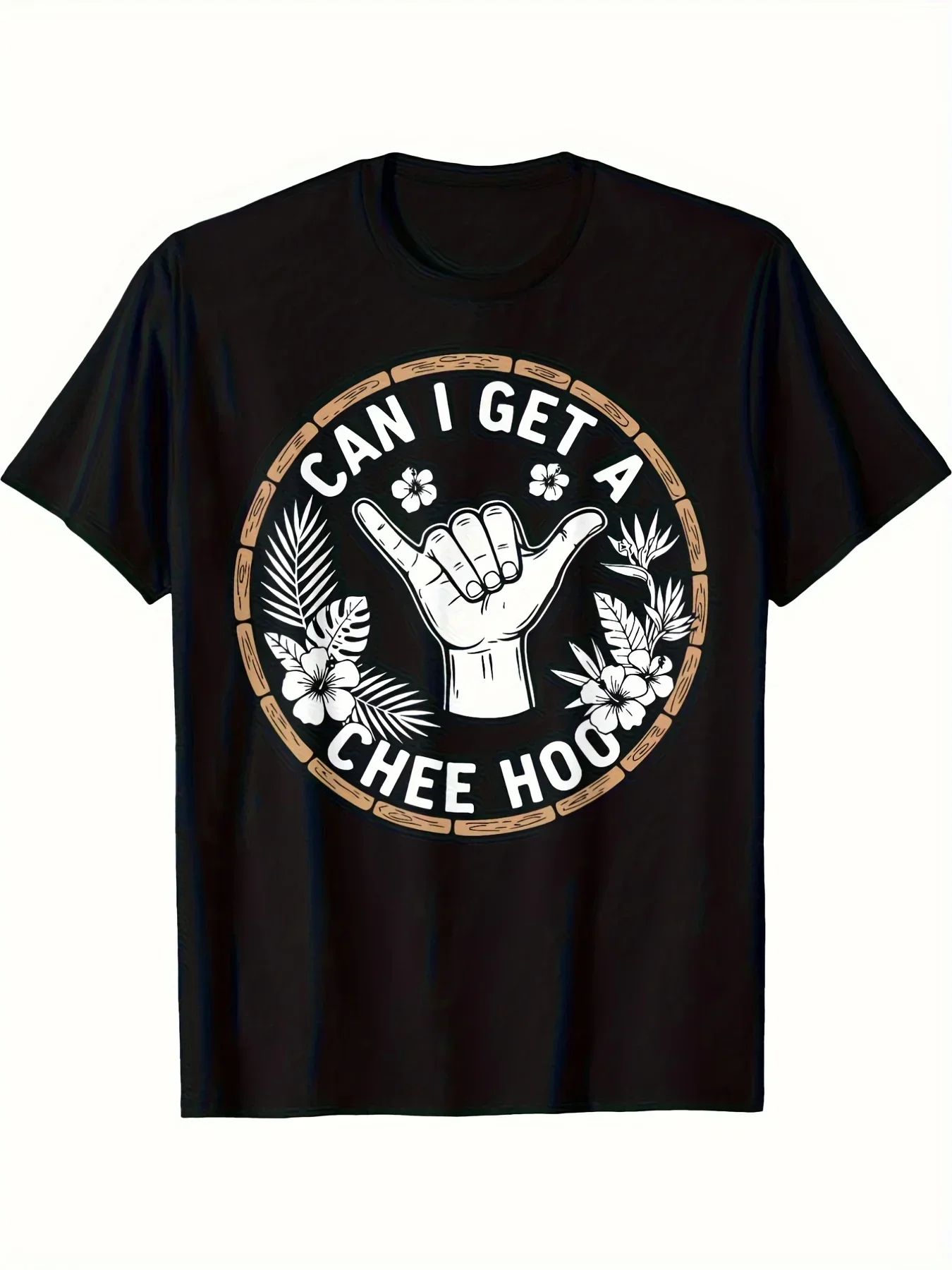 Men'S Hawaiian T-Shirt Featuring a 'Chee Hoo' Design in Black, Adorned with a Peace Sign And Tropical Flowers. Made from Lightweight Stretch Fabric, It'S Ideal for The Beach, Vacations
