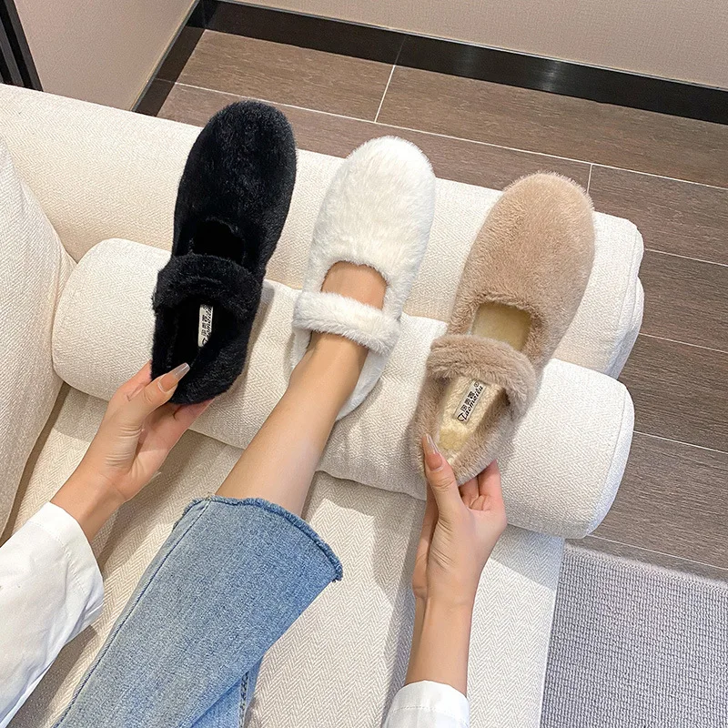 

2025 женские зимние теплые плюшевые туфли на плоской подошве в корейском стиле, женские повседневные топсайдеры Мэри Джейн, уличная рабочая обувь, белые лоферы на плоской подошве