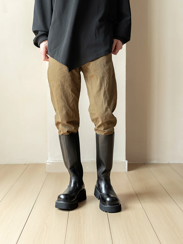 Winter Comfortable Men Handmade Height Increasing Genuine Leather Black Knee High Chelsea Boots Wear Resistant Long Boots Shoes