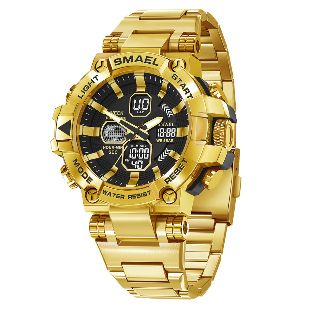 SMAEL Golden Sport Watches for Men Stainless Steel Band Analog Quartz Digital Dual Time Waterproof Luminous Wristwatch Male