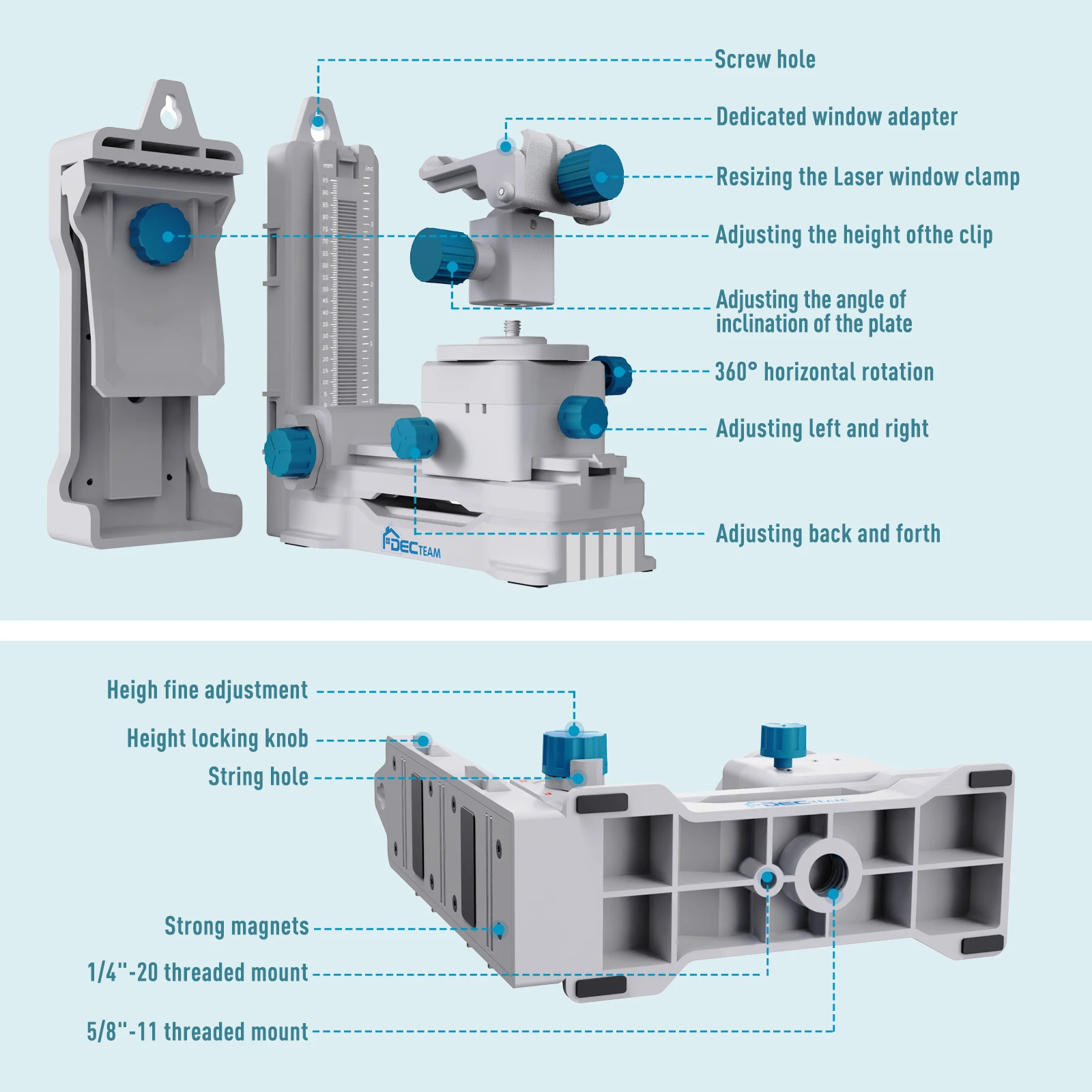Fine-tuning Bracket Laser Level Mount DECTEAM Multi functional Magnetic 360° Rotation Pivoting Base with Adjustable Spring Clip