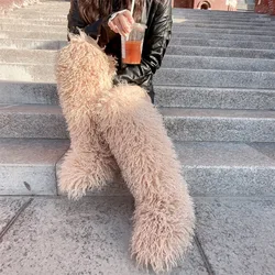 럭셔리 겨울 가짜 모피 무릎 높은 부츠 여성 스노우 부츠 푹신한 가짜 몽골어 모피 플랫폼 스노우 부츠 여성을위한