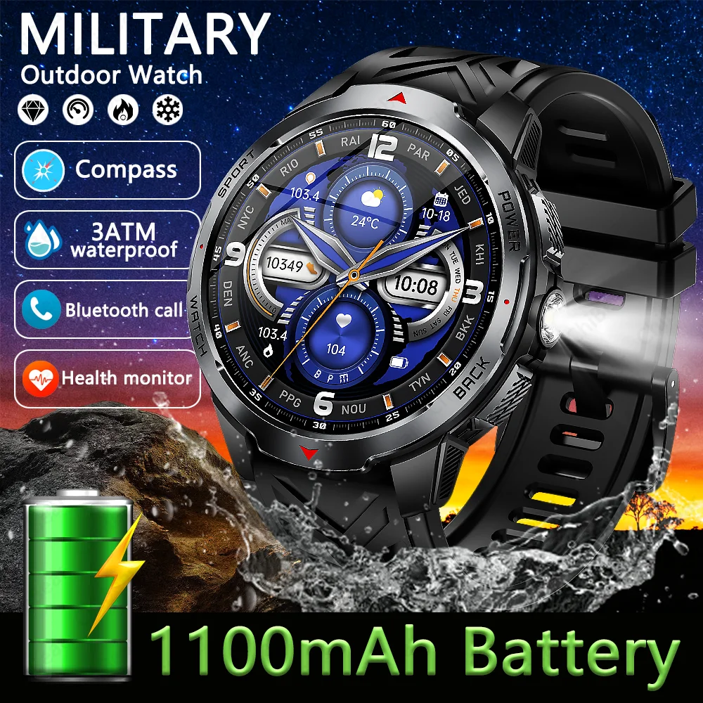 Smartwatch męski 1100mAh, wojskowy, outdoorowy, z kompasem, zegarek sportowy, wodoodporny IP68, HD, połączenia Bluetooth, smartwatch dla Huawei 2025 NOWOŚĆ
