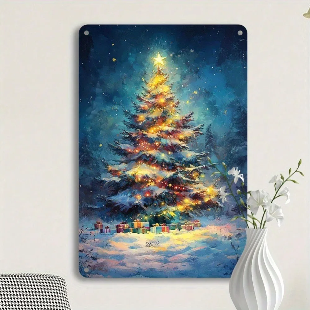 Vintage Snowy Christmas Tree Metall-Wanddekoration, 20,3 x 30,5 cm – rustikales Blechschild für drinnen und draußen
