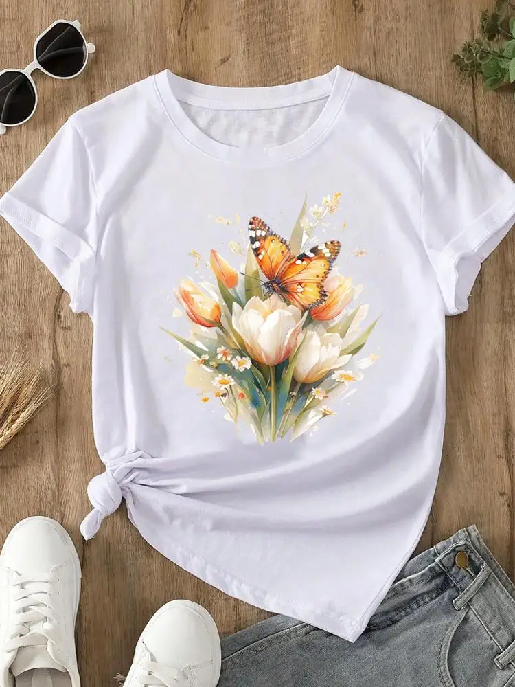 

Sweet Flower Style Cute Women Tee T Clothing Fashion Casual Ladies Graphic Clothes Print White Short Sleeve O-neck T-shirts