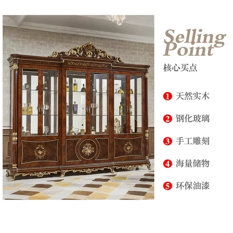 European retro full solid wood carving flower wine cabinet living room glass door display cabinet fully transparent decorative c