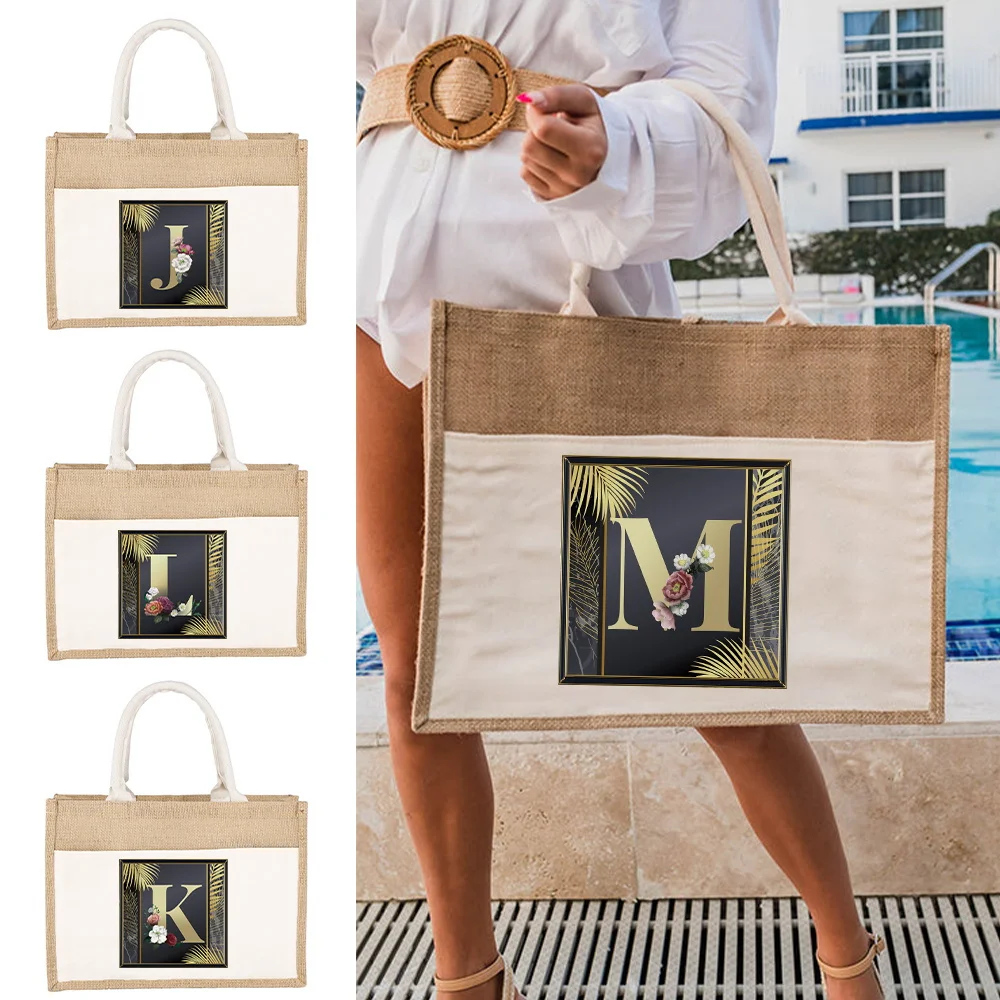 Fashion Linen Shoulder Bag Jute Imitation Linen Bags Golden Letter Series Printing Pattern Environmentally Friendly Shopping Bag