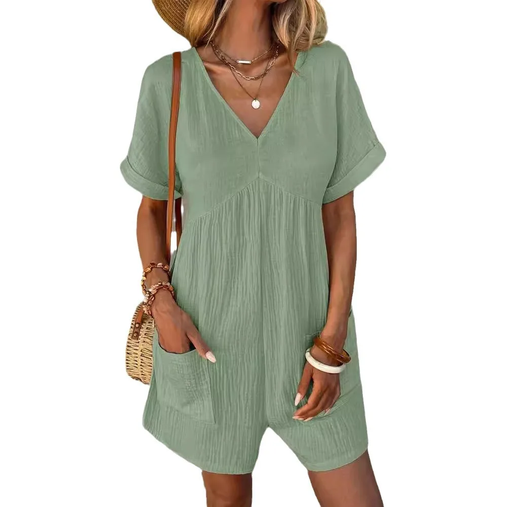 2024 summer European and American fashion solid color V-neck, loose bat sleeve pocket zipper short sleeve jumpsuit