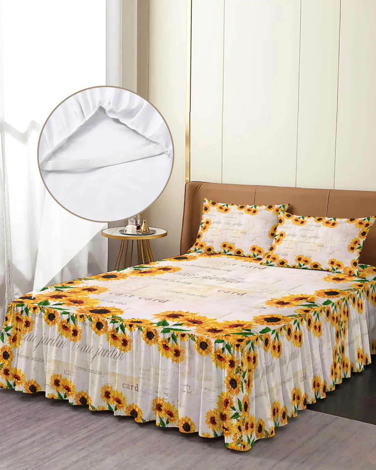 Farm Retro Flower Sunflower Bed Skirt Elastic Fitted Bedspread With Pillowcases Mattress Cover Bedding Set Bed Sheet