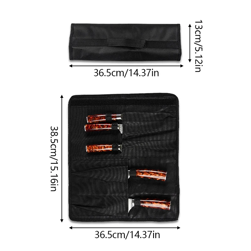 Black Chef Knife Roll Bag 5 Pockets Carry Case Portable Oxford Kitchen Cooking Knives Storage Bags Durable Knife Carrying Punch